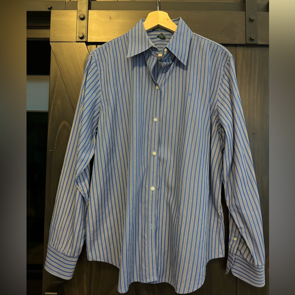 Polo Ralph Lauren Knit Oxford Shirt Womens XL Button Down Stripe Blue White